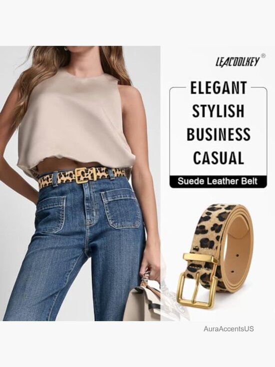Faux Suede Leather Belt with Gold Buckle for Jeans Dresses